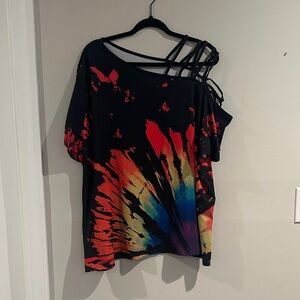 Vibrant Black and Red Tie-Dye Off-Shoulder Top